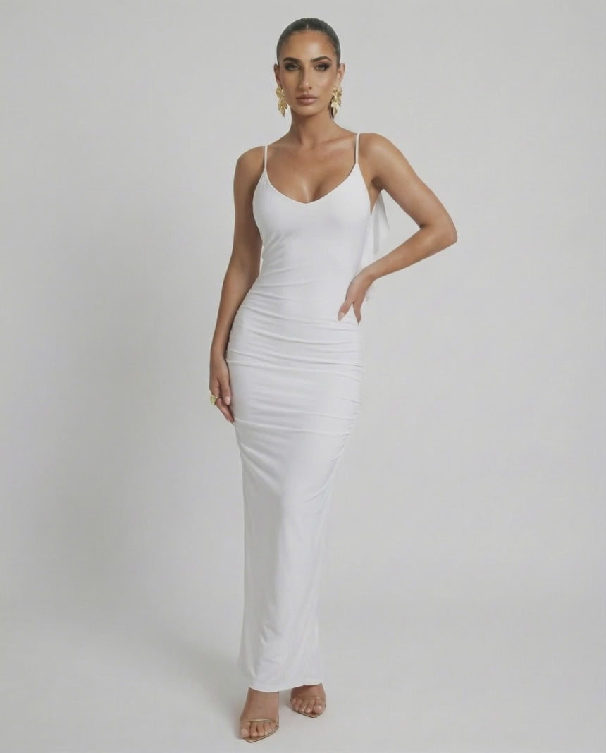 Celeste Maxi Dress by Lauven, elegant white sleeveless bodycon with spaghetti straps and smooth fit.