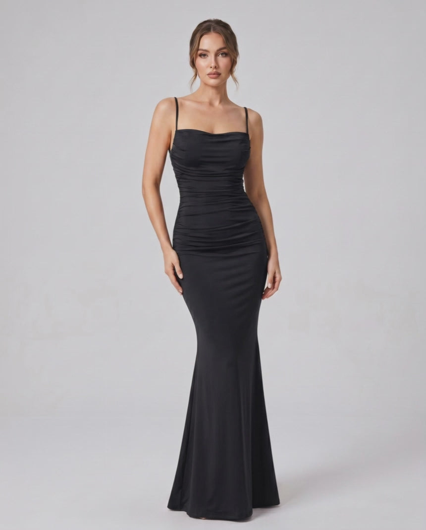 Aveline Maxi Dress by Lauven — satin sleeveless square neck mermaid maxi dress