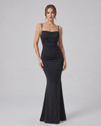 Aveline Maxi Dress by Lauven — satin sleeveless square neck mermaid maxi dress