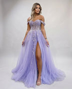 Celestia Maxi Dress by Lauven — tulle lace off-shoulder sweetheart A-line maxi dress