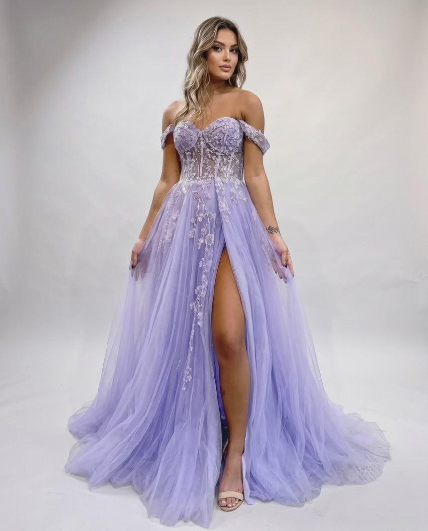Celestia Maxi Dress by Lauven — tulle lace off-shoulder sweetheart A-line maxi dress