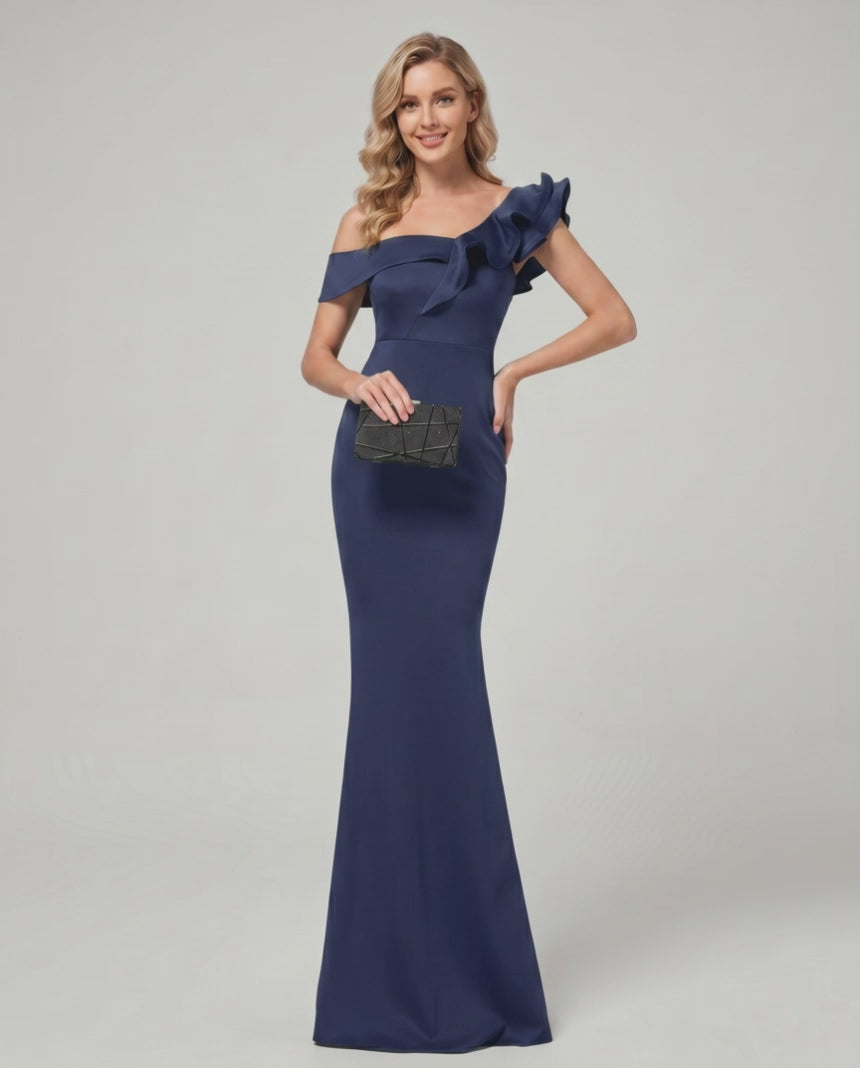 Velmora Maxi Dress featuring an off-shoulder design, mermaid silhouette, and ruffle detail by Lauven.