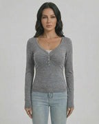 Sterling Pullover - Women’s Slim Fit V-Neck Long Sleeve Pullover by Lauven with button detail and soft fabric.