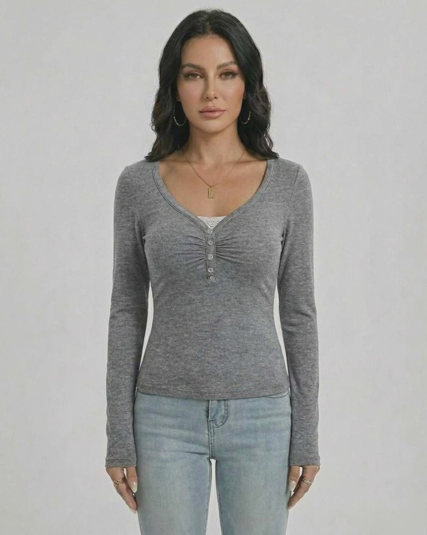 Sterling Pullover - Women’s Slim Fit V-Neck Long Sleeve Pullover by Lauven with button detail and soft fabric.