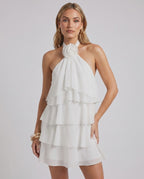 Roselle Mini Dress by Lauven — chiffon sleeveless halter neck tiered mini dress