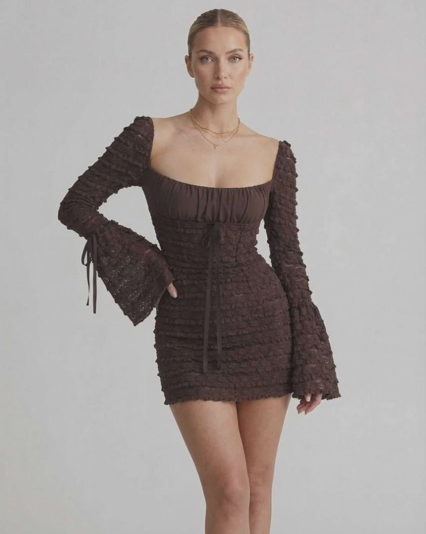 Celeste Mini Dress featuring elegant sheath silhouette, flare sleeves and luxurious chocolate brown color by Lauven.