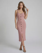 Solene Midi Dress by Lauven – Blush-pink ribbed sleeveless dress with button front and front split.