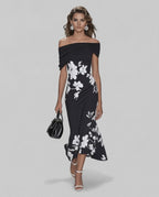 Veloura Midi Dress by Lauven — floral off shoulder satin midi dress with draped sleeves