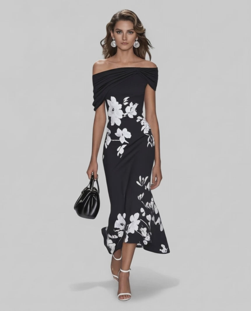 Veloura Midi Dress by Lauven — floral off shoulder satin midi dress with draped sleeves