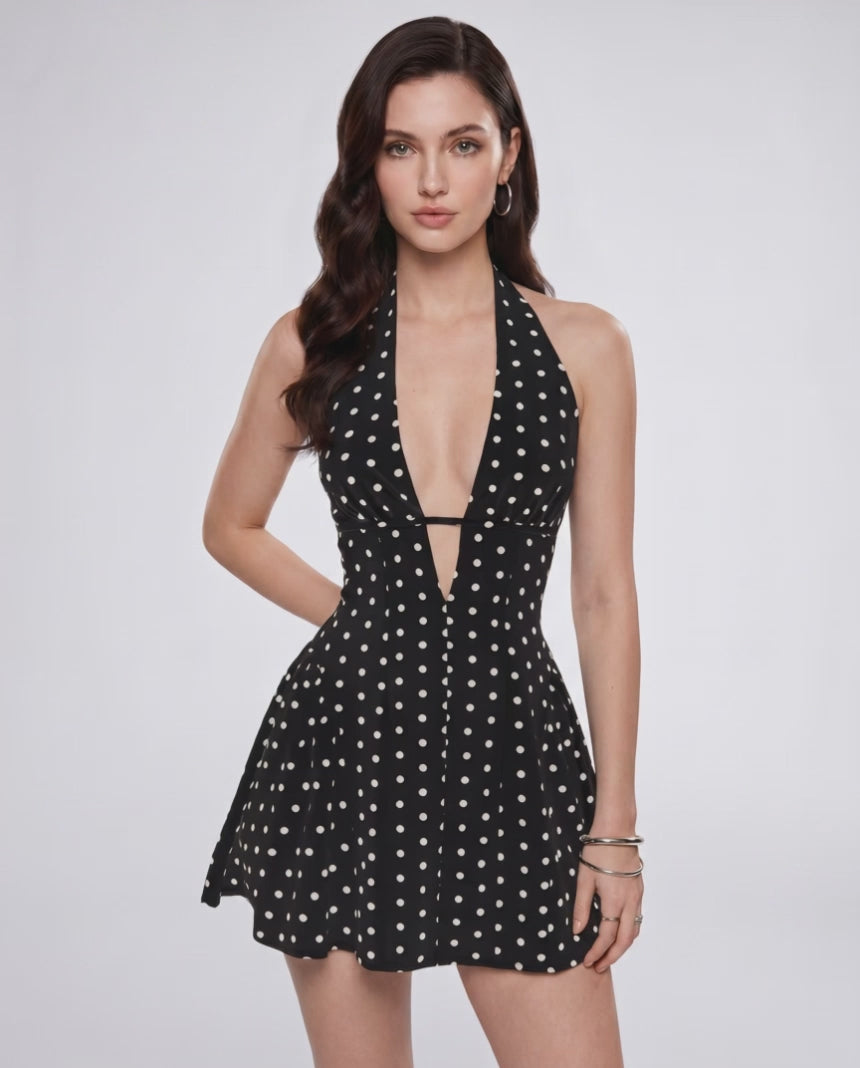Veloura Mini Dress by Lauven — polyester sleeveless halter V-neck fit and flare mini dress