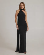 Solene Maxi Dress - Black Halter Neck Dress with Draped Sash, Elegant and Sleek by Lauven.