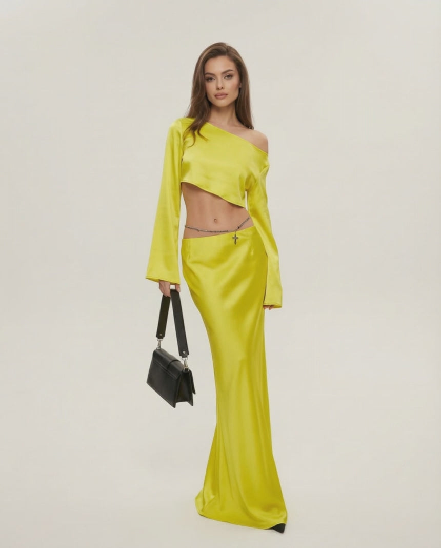 Vega Midi Dress by Lauven, sleek asymmetrical silhouette in vibrant yellow, perfect for modern elegant styling.