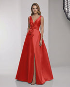 Valencia Maxi Dress - Red Satin A-Line Maxi Dress with Wrap Slit and Bow Waist by Lauven, elegant and refined for formal occasions.