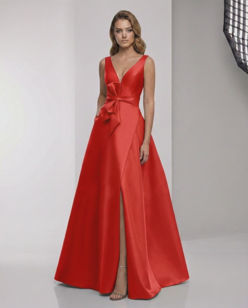 Valencia Maxi Dress - Red Satin A-Line Maxi Dress with Wrap Slit and Bow Waist by Lauven, elegant and refined for formal occasions.