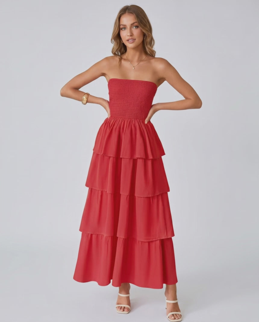 Solenne Maxi Dress by Lauven — lightweight sleeveless strapless tiered maxi dress