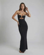 Elysia Maxi Dress by Lauven – Elegant black crisscross cutout halter midi dress showcasing modern design details.
