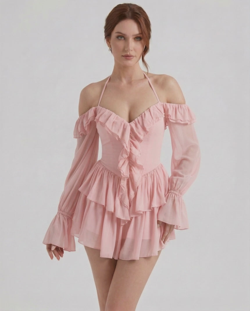 Roselle Mini Dress by Lauven - Pink Ruffle Halter Mini Dress with Sheer Sleeves and Off-Shoulder Design