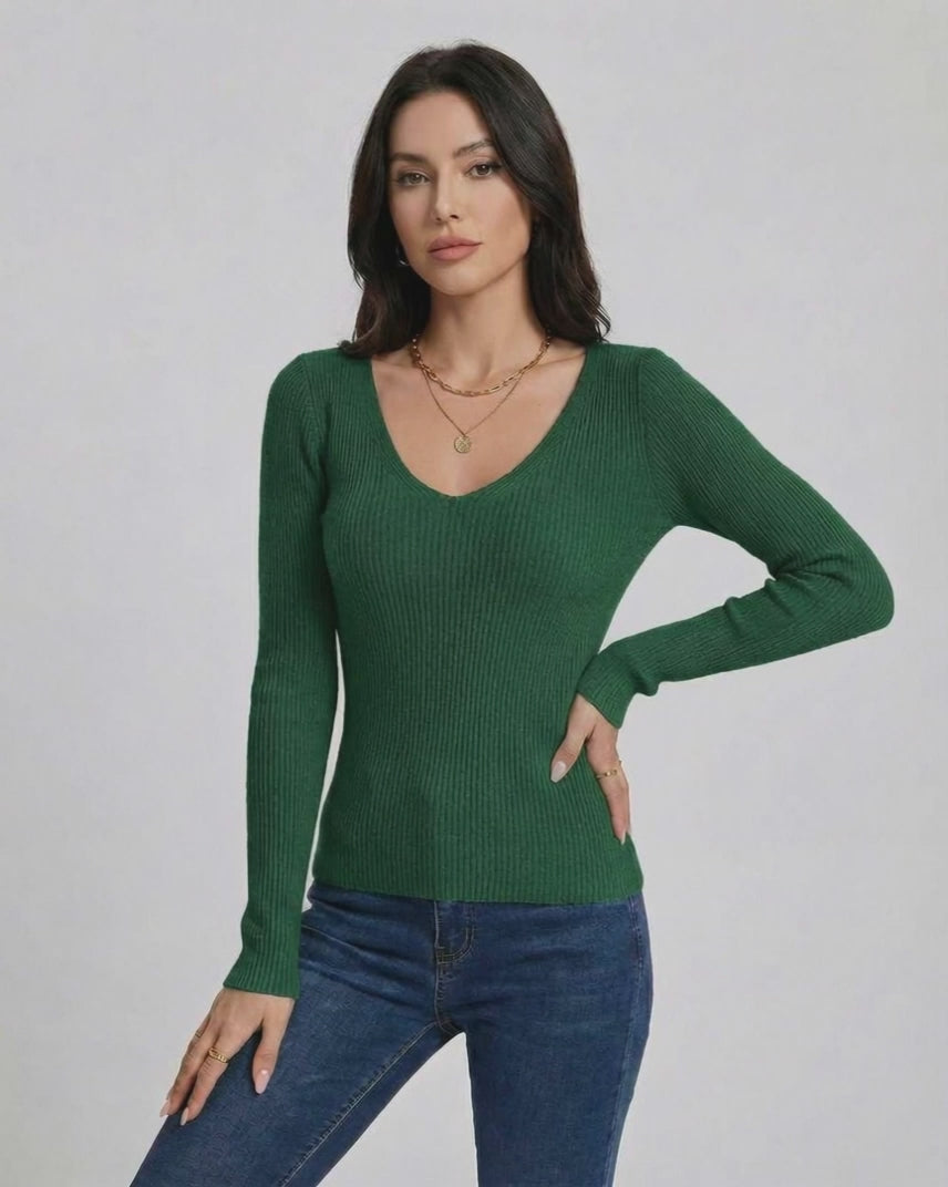 Siena Pullover by Lauven, women's green V-neck pullover sweater with a slim fit and long sleeves.