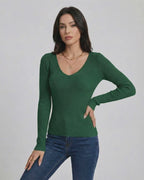 Siena Pullover by Lauven, women's green V-neck pullover sweater with a slim fit and long sleeves.