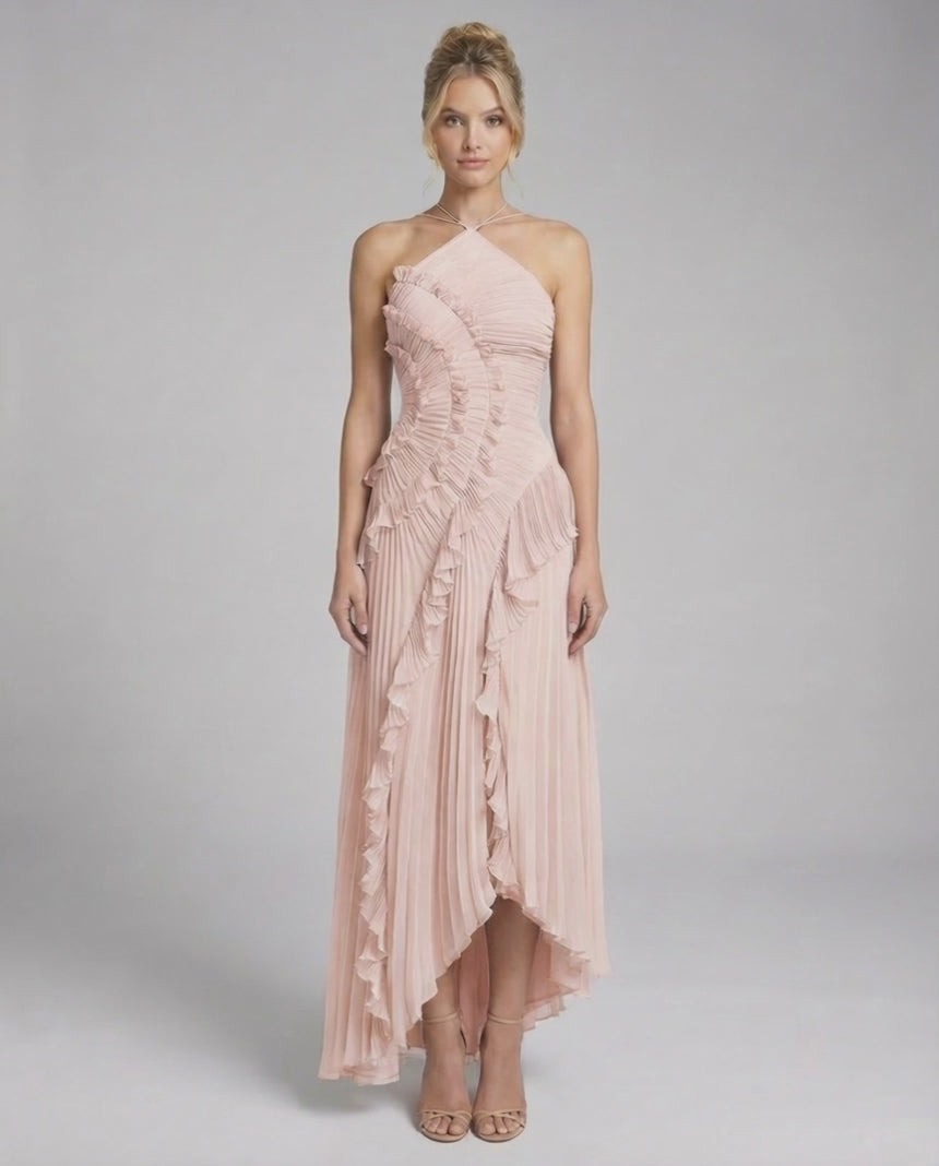 Blush Maxi Dress by Lauven featuring a soft pink pleated halter neck design with ruffles and a flowy silhouette.