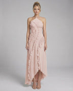 Blush Maxi Dress by Lauven featuring a soft pink pleated halter neck design with ruffles and a flowy silhouette.