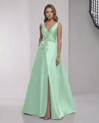 Elaris Maxi Dress in mint green satin featuring A-line elegance and modern wrap detail by Lauven.