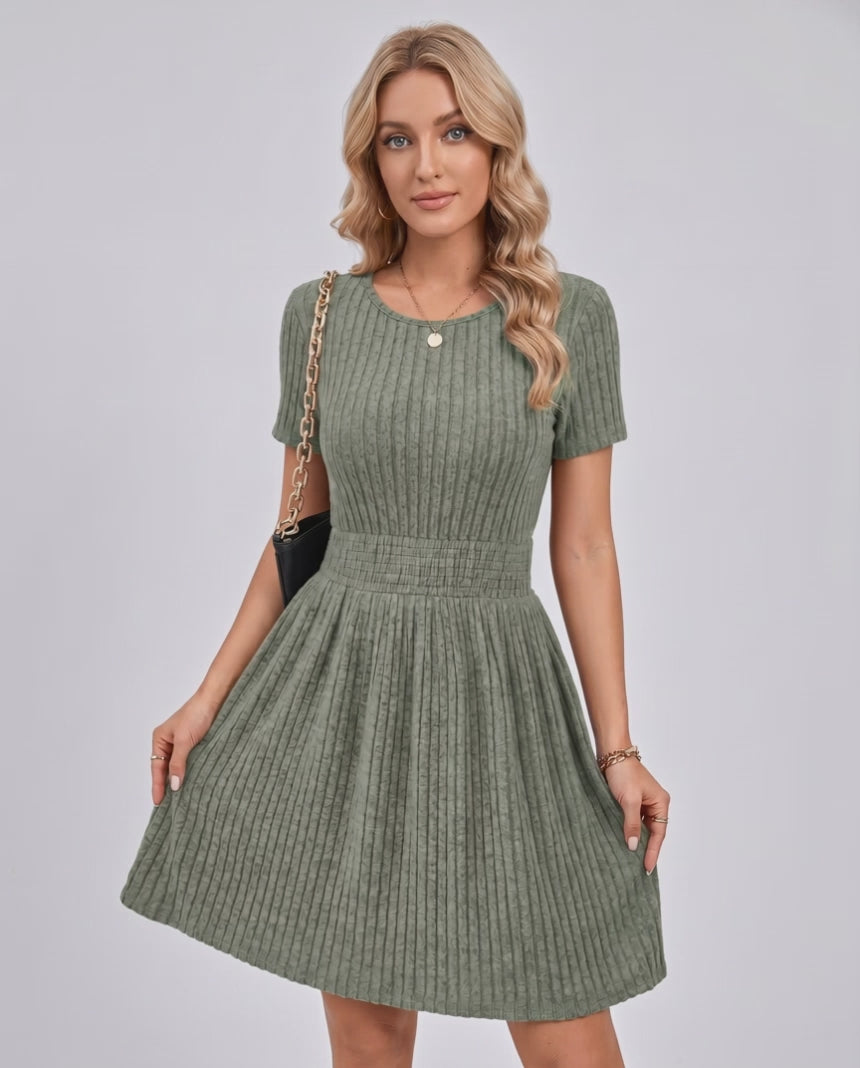 Liora Mini Dress by Lauven — ribbed knit short sleeve crew neck A-line mini dress