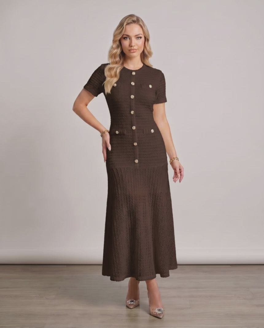 Aureline Maxi Dress by Lauven, textured knit, round neck, refined structure, softly contoured silhouette.