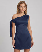 Veloura Mini Dress by Lauven, featuring satin finish, asymmetric neckline, modern A-line silhouette.