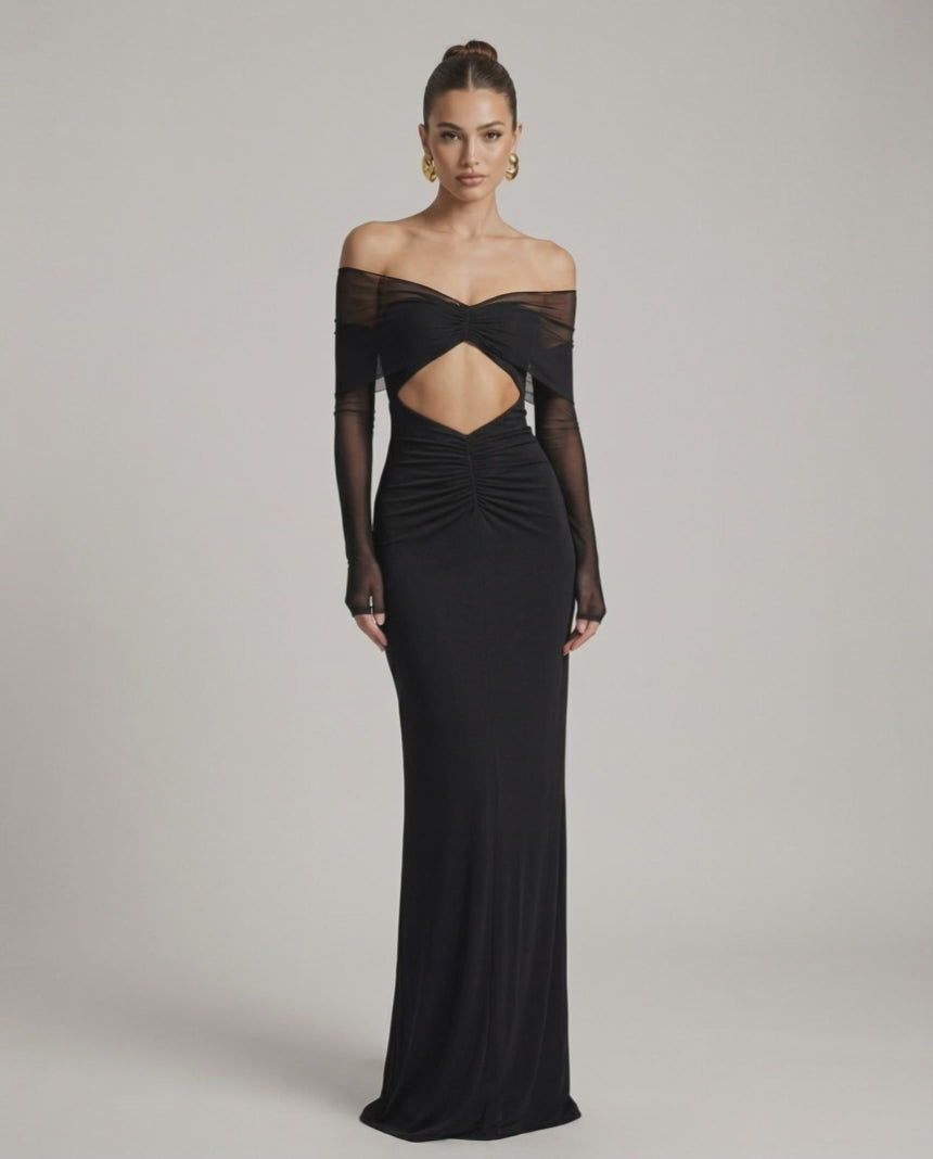 Selene Maxi Dress featuring off-shoulder mesh sleeves, ruched cut-out detail, and a sleek evening silhouette by Lauven.