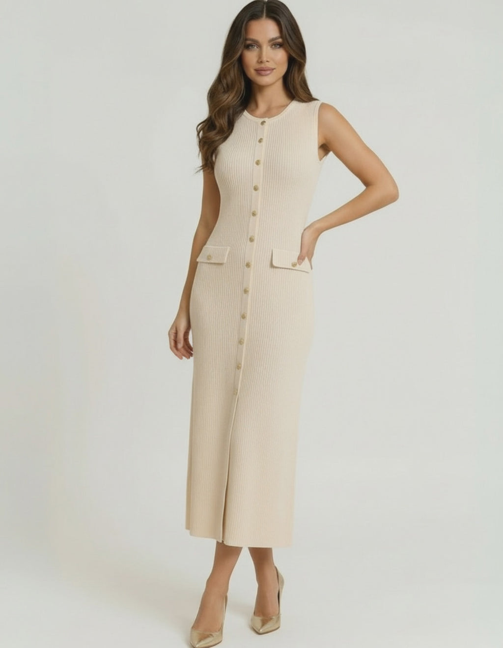 Sahara Midi Dress by Lauven - Women’s beige sleeveless ribbed knit dress with button front and pockets, offering a polished look.