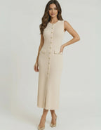Sahara Midi Dress by Lauven - Women’s beige sleeveless ribbed knit dress with button front and pockets, offering a polished look.