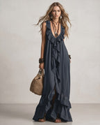 Solenne Maxi Dress by Lauven — chiffon sleeveless V-neck loose maxi dress with ruffle detail