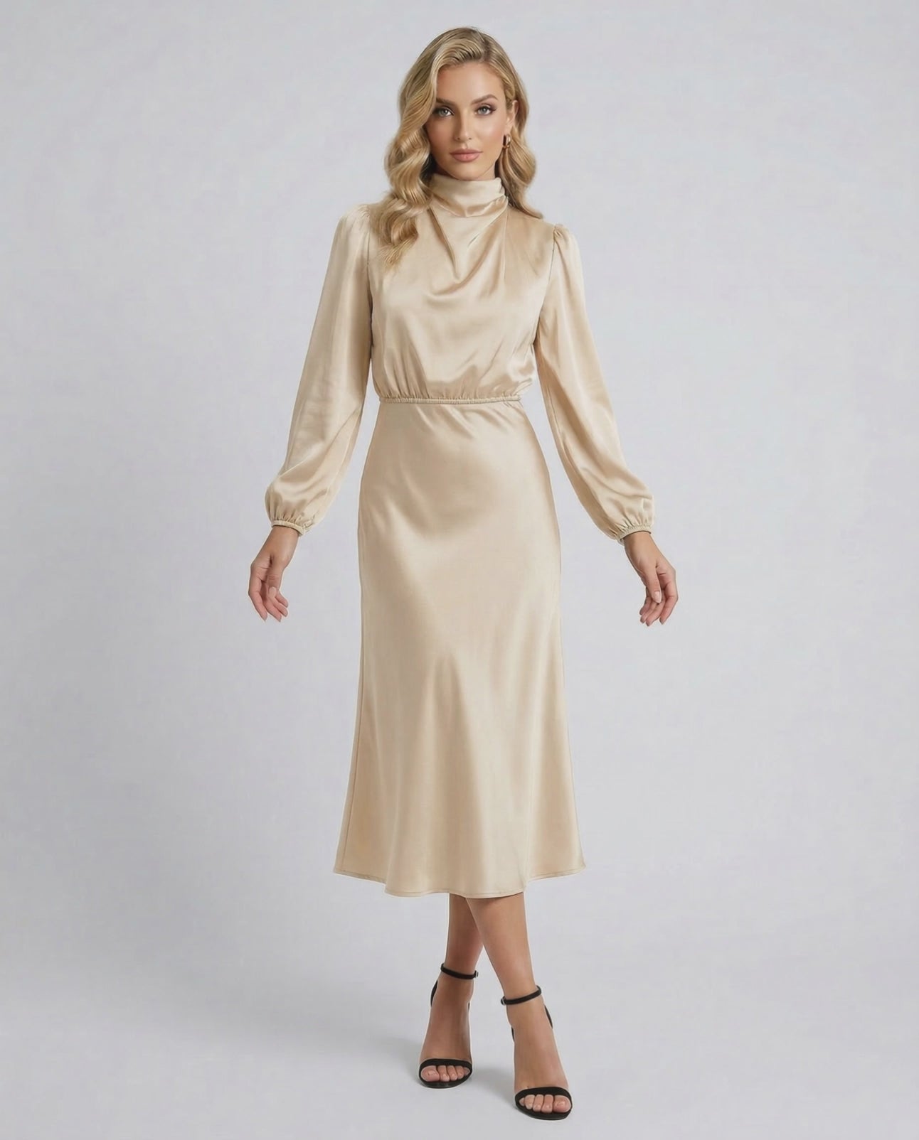 Lauven Sienna Midi Dress in champagne satin with high neck and long sleeves, showcasing elegant style and luxury.