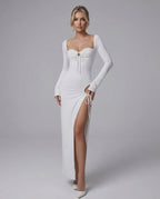 Aurielle Maxi Dress by Lauven - Elegant white long sleeve dress with a thigh-high slit and square neckline.