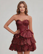 Veloura Mini Dress by Lauven — lace appliqué strapless sweetheart tiered mini dress