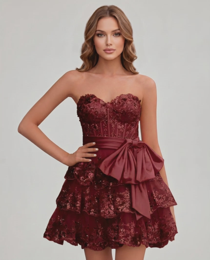 Veloura Mini Dress by Lauven — lace appliqué strapless sweetheart tiered mini dress