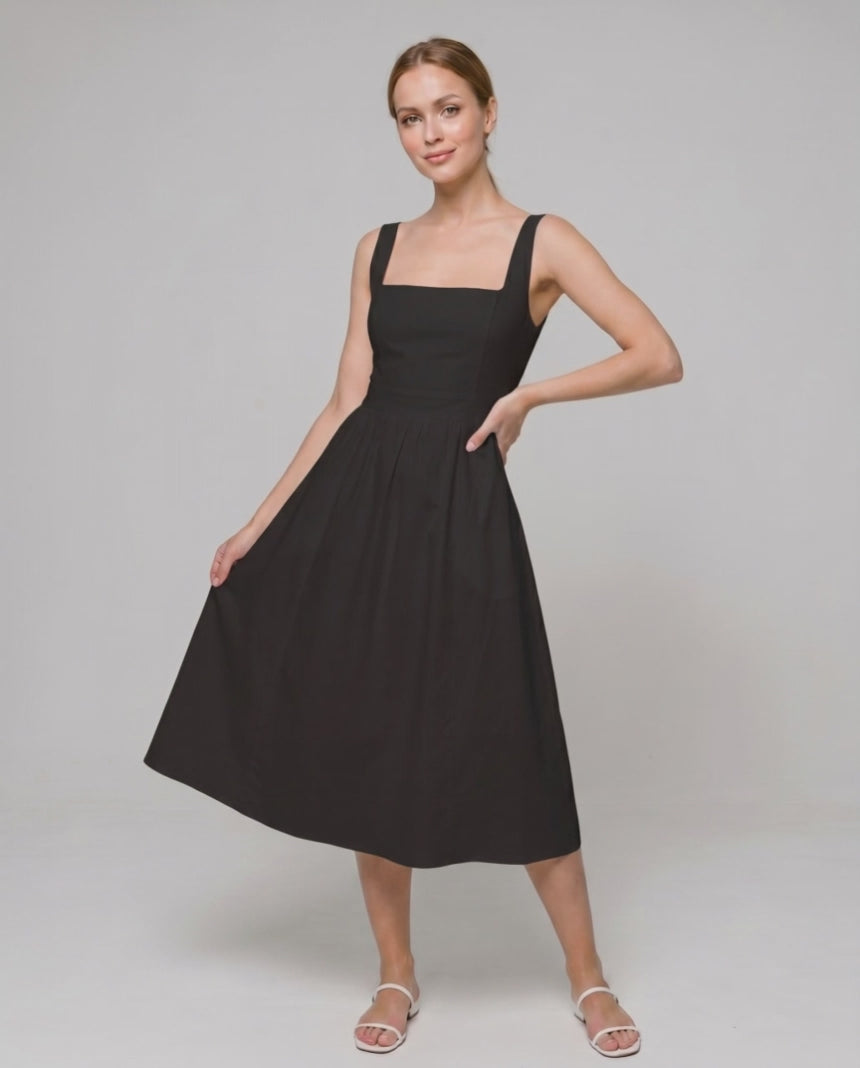 Aveline Midi Dress by Lauven — lightweight sleeveless square neck fit and flare midi dress