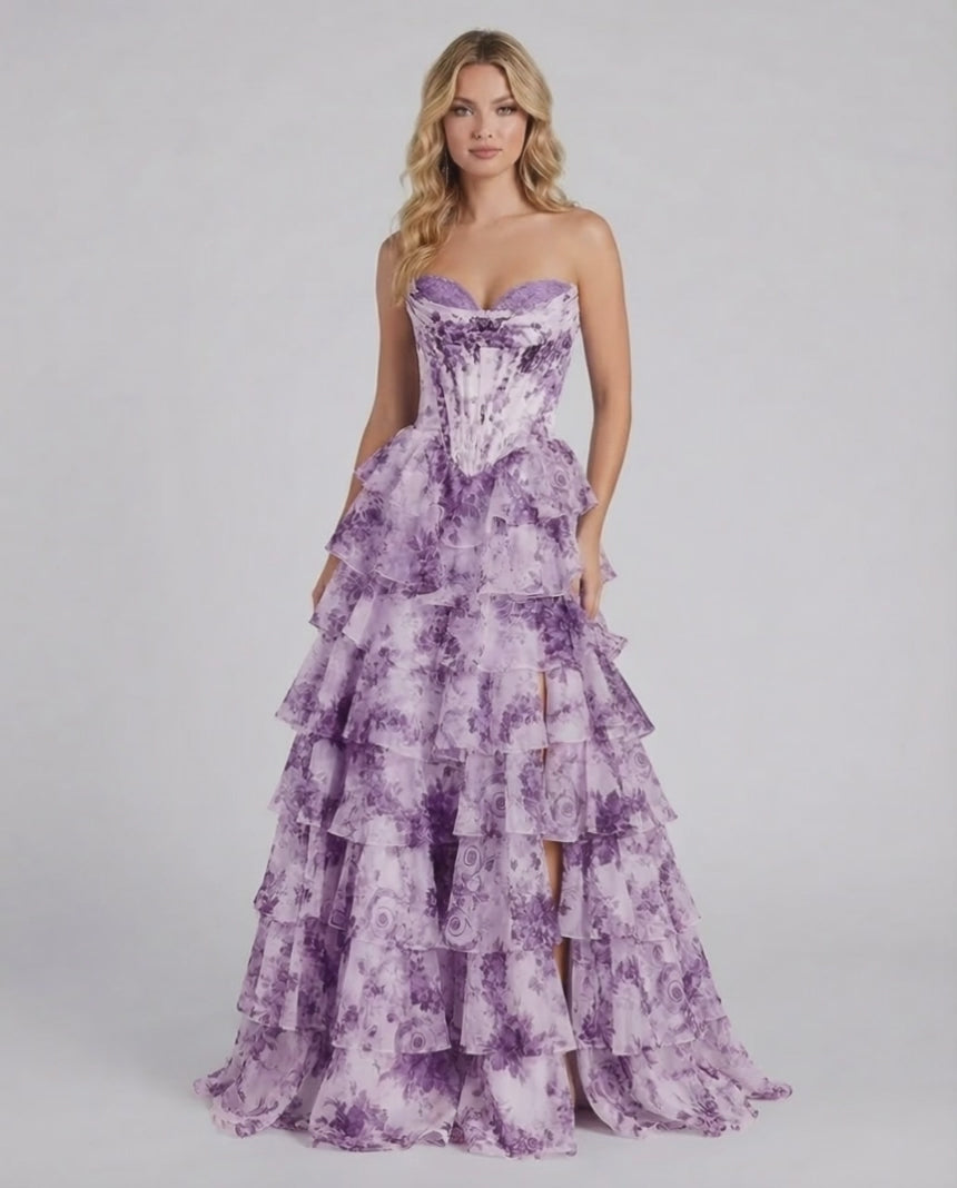 Amethyst Maxi Dress by Lauven, strapless corset bodice with tiered chiffon skirt in purple floral design.