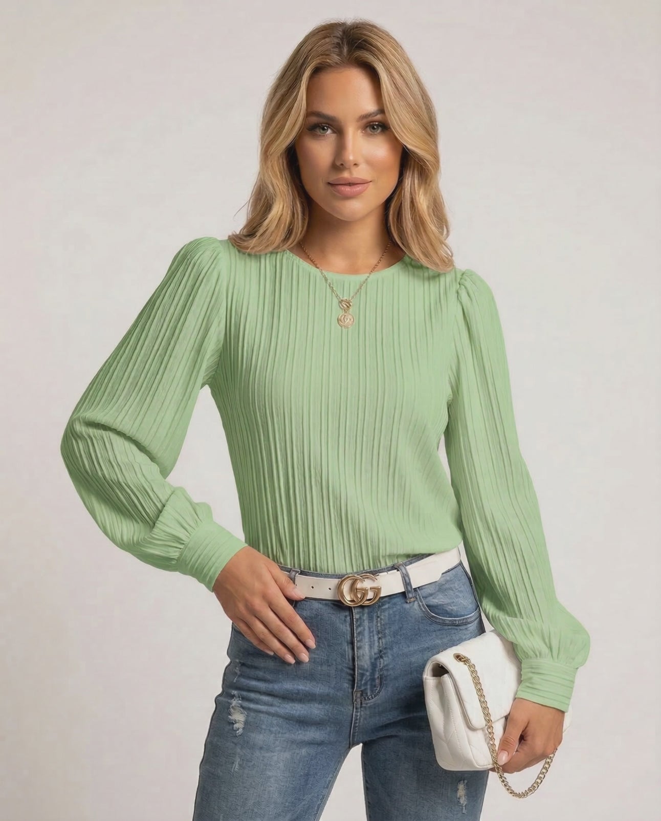 Verde Blouse by Lauven - Fresh green pleated long sleeve top with stylish bishop sleeves.