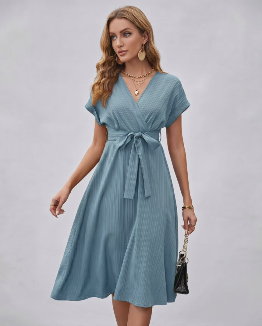 Serene Midi Dress featuring pleated fabric, V-neck, self-tie belt by Lauven, perfect for stylish day-to-evening wear.