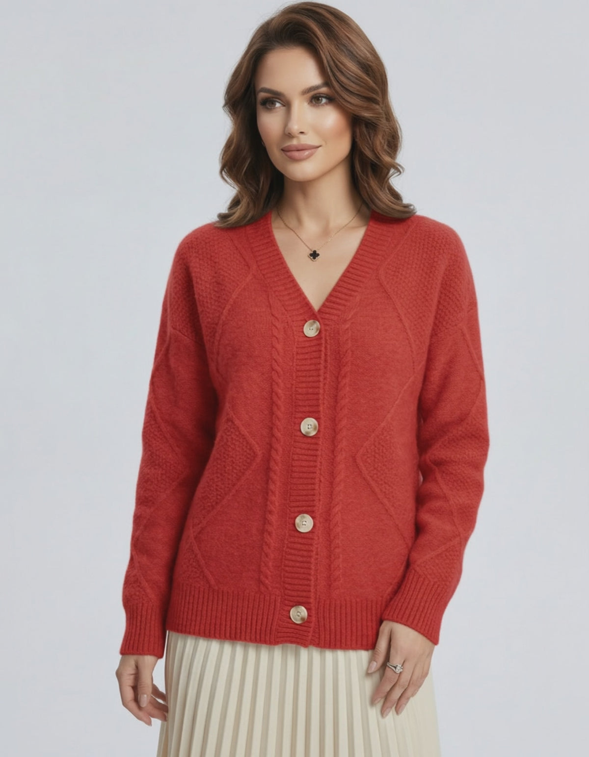 Ember Cardigan by Lauven in vibrant red with long sleeves and button-down front, offering warmth and style.