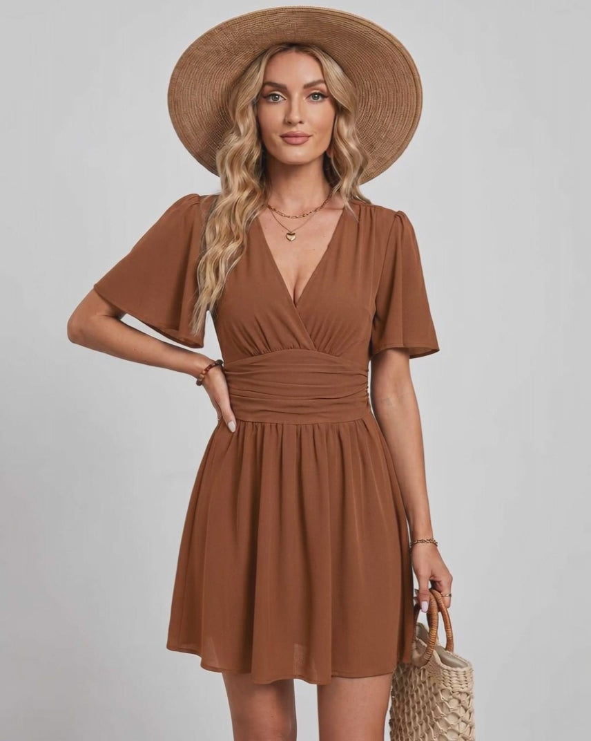 Calista Mini Dress by Lauven — chiffon ruffled short sleeve V-neck A-line mini dress