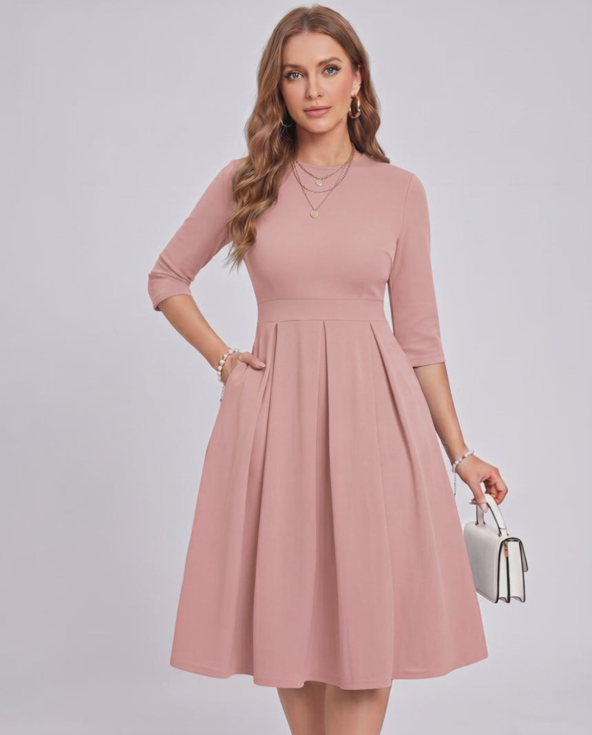 Aurielle Midi Dress by Lauven — polyester blend 3/4 sleeve crew neck A-line midi dress