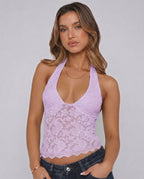 Veloura Top by Lauven — women’s floral lace halter top with sheer mesh detail