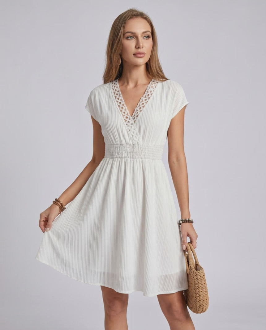 Elara Mini Dress by Lauven — chiffon blend short sleeve V-neck A-line mini dress with lace detail