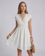 Elara Mini Dress by Lauven — chiffon blend short sleeve V-neck A-line mini dress with lace detail