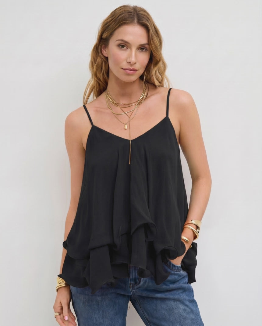 Aureline Top by Lauven — women’s layered chiffon top with V-neck spaghetti straps and flowy ruffle hem