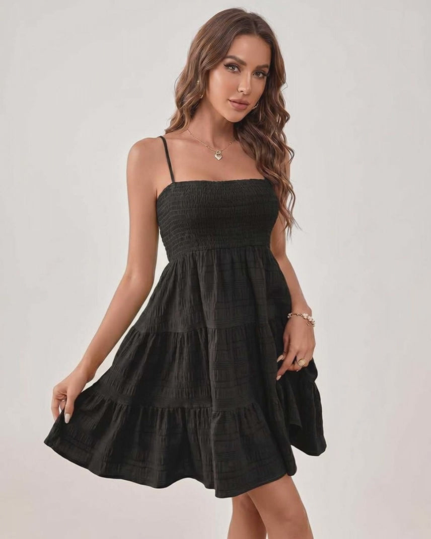 Solara Mini Dress by Lauven — textured sleeveless square neck tiered swing mini dress