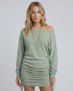 Celeste Mini Dress by Lauven in calming sage green with gathered drawstring detail.